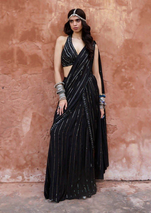 Starry Night Black Hand Bead Embroidered Draped Gown Saree – Talking Threads